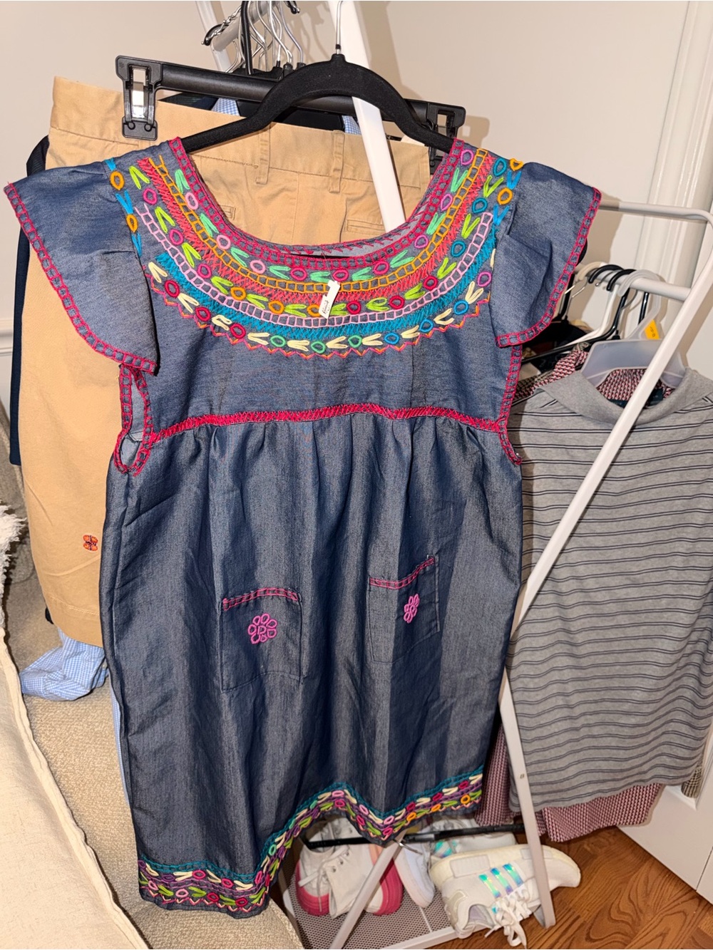 Authentic Mexican Girls' Navy Embroidered Denim Dress with Multicolor Trim